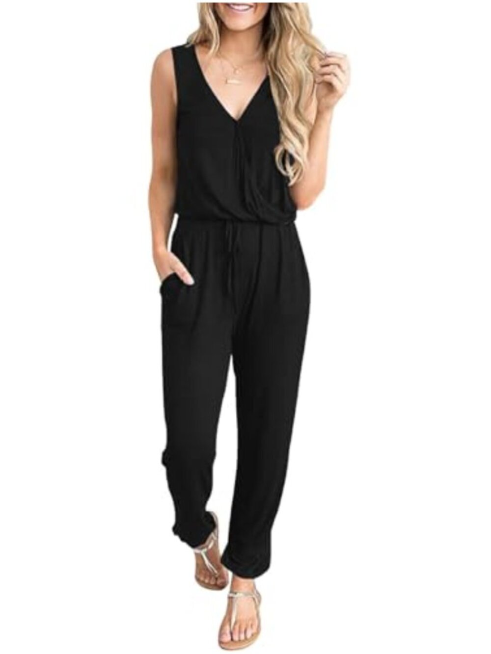 Women's Sleeveless V-Neck Jumpsuit with Pockets Drawstring Waist